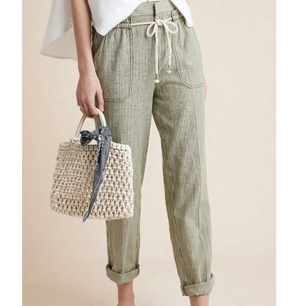 Anthropologie Striped Linen Blend Drawstring Paper Bag Pants Coastal Beachy